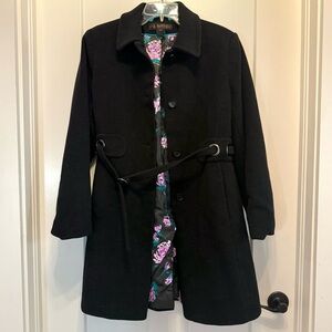 Black Via Spiga Wool Peacoat w/ floral lining! Belted waist and longer length!
